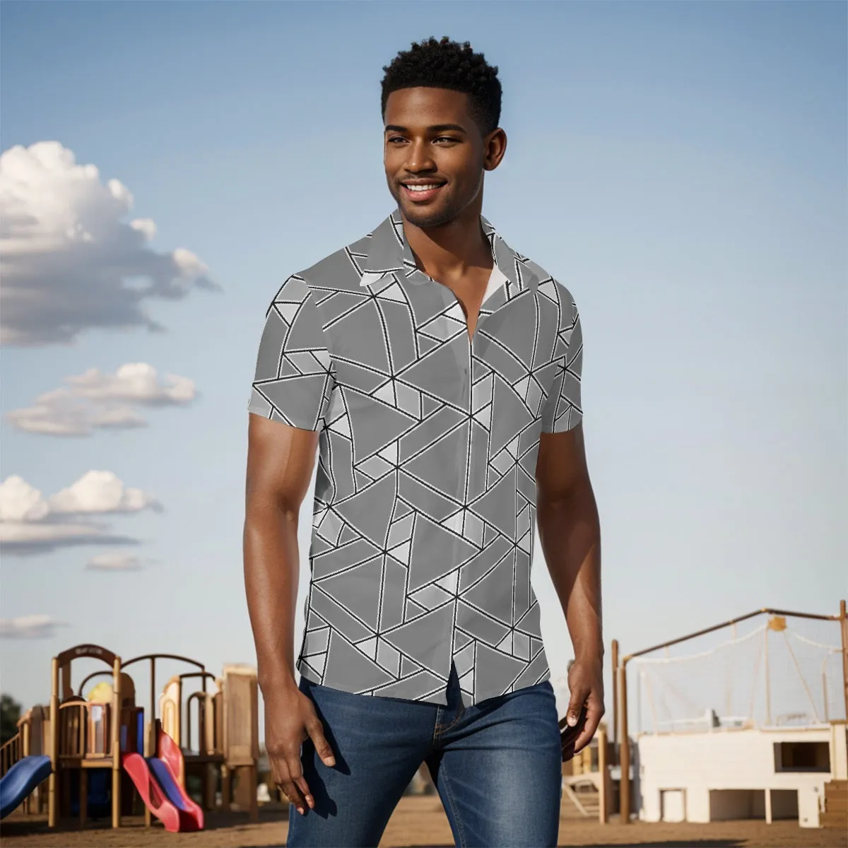 All-Over Print Men's Shirt J 43 silver and black print