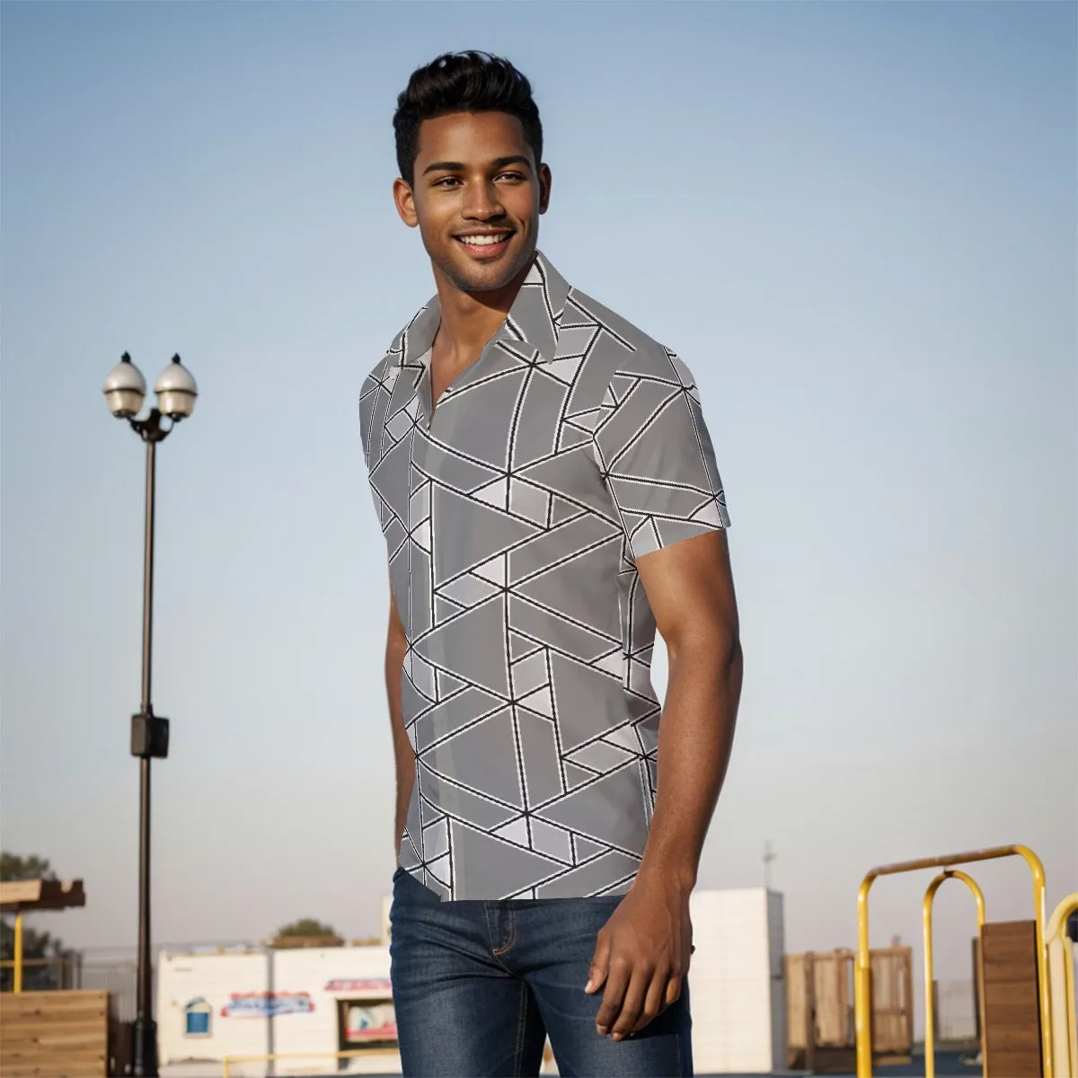 All-Over Print Men's Shirt J 43 silver and black print