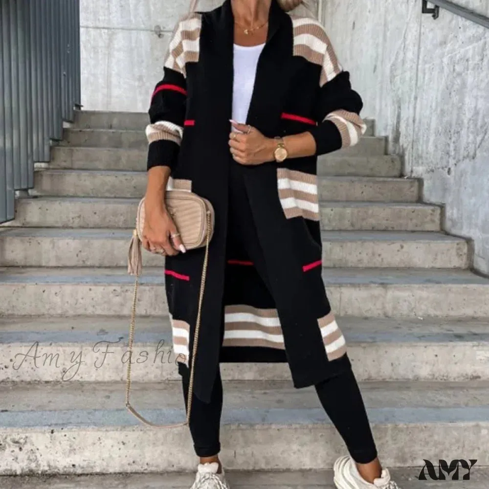 Amy Fashion - Casual Striped Color Matching Knitted Long Sweaters Cardigan