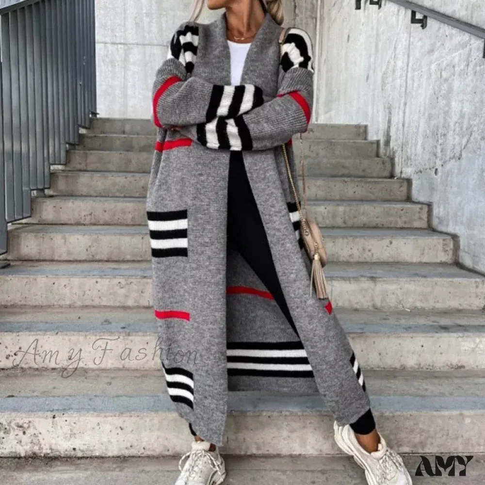 Amy Fashion - Casual Striped Color Matching Knitted Long Sweaters Cardigan