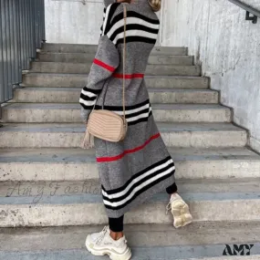 Amy Fashion - Casual Striped Color Matching Knitted Long Sweaters Cardigan