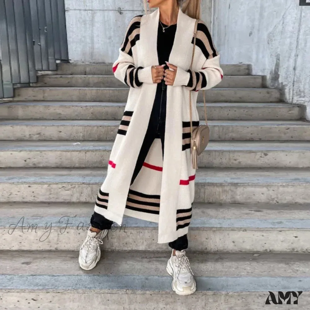 Amy Fashion - Casual Striped Color Matching Knitted Long Sweaters Cardigan