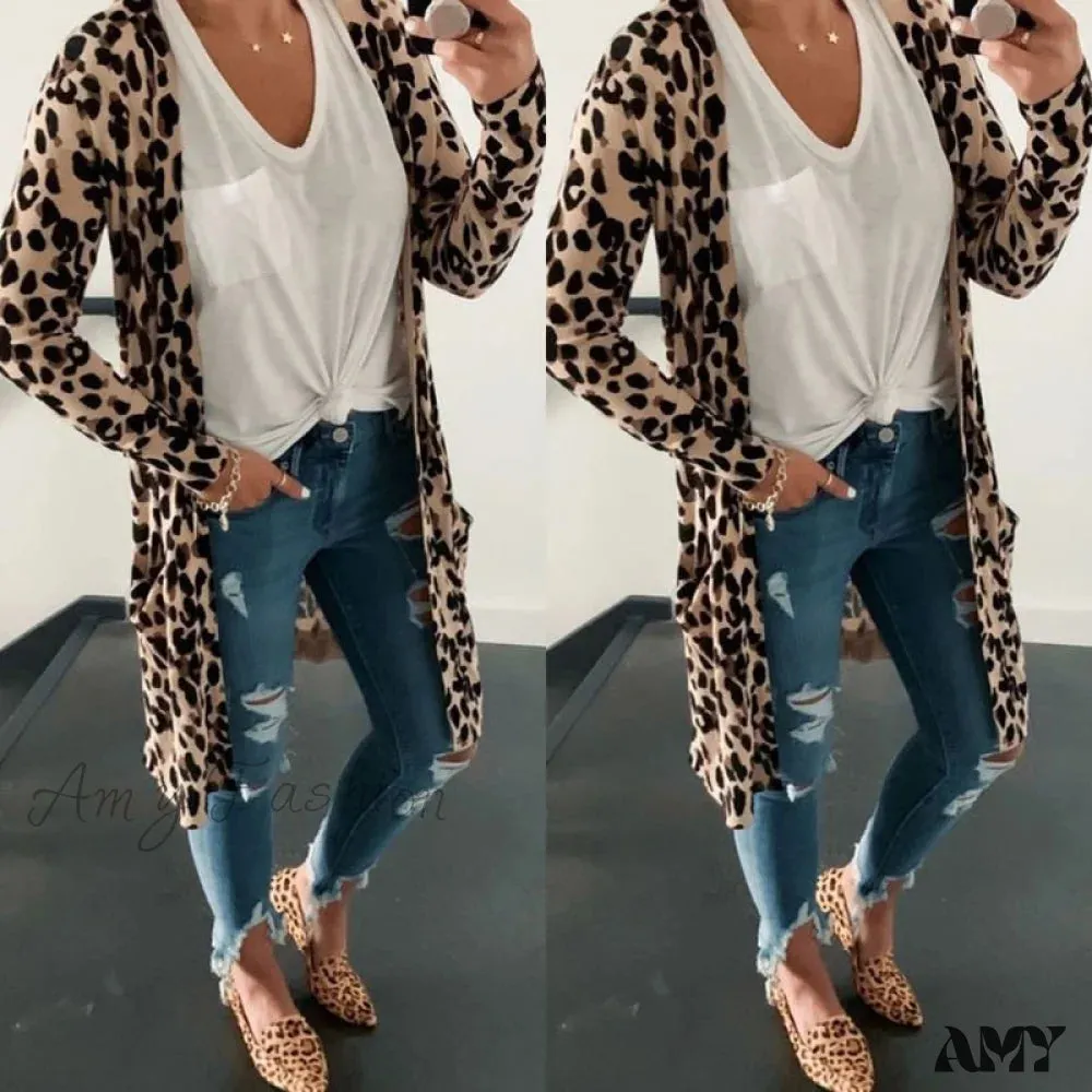 Amy Fashion - Fashion Sweaters Long Sleeve Leopard Print Knitted Top