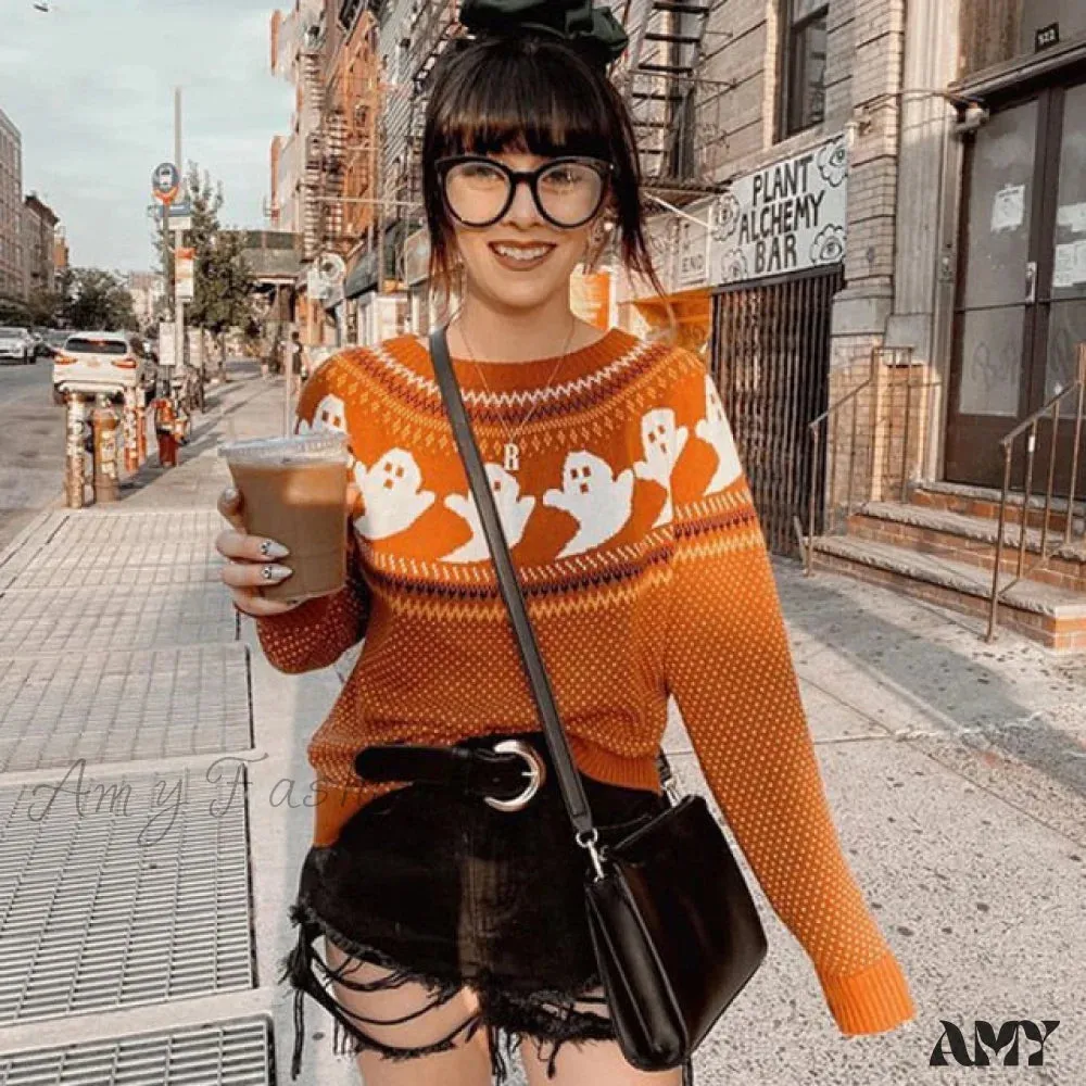 Amy Fashion - Pumpkin Knitted Pullovers Sweaters