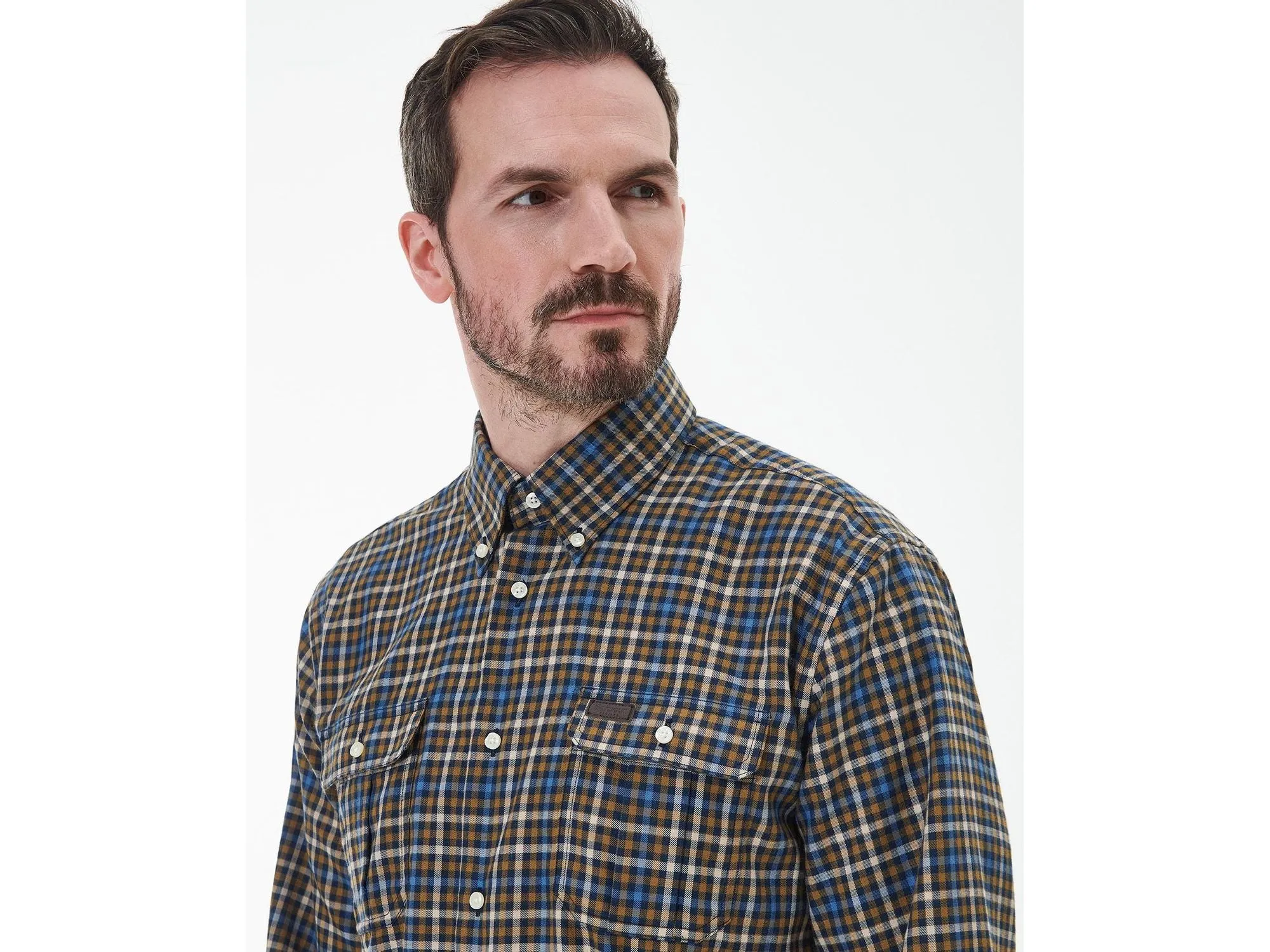 Barbour Foss Tailored Buttondown Collar Shirt in Navy & Tan Plaid