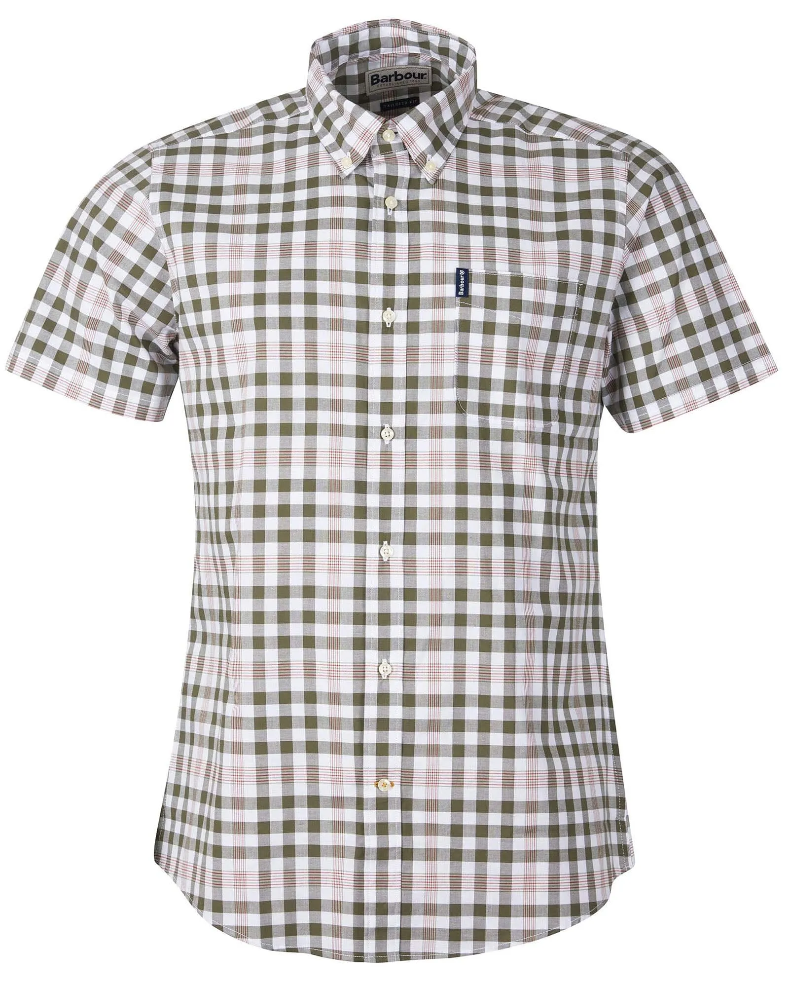 Barbour Gingham 26 Olive and White Short Sleeve Button Down Collar Tailored Fit Shirt