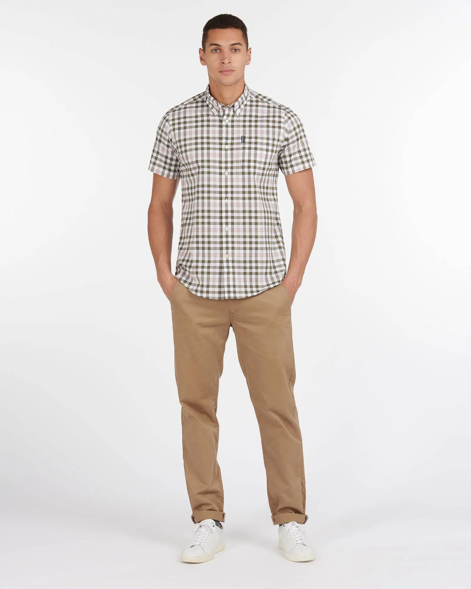 Barbour Gingham 26 Olive and White Short Sleeve Button Down Collar Tailored Fit Shirt