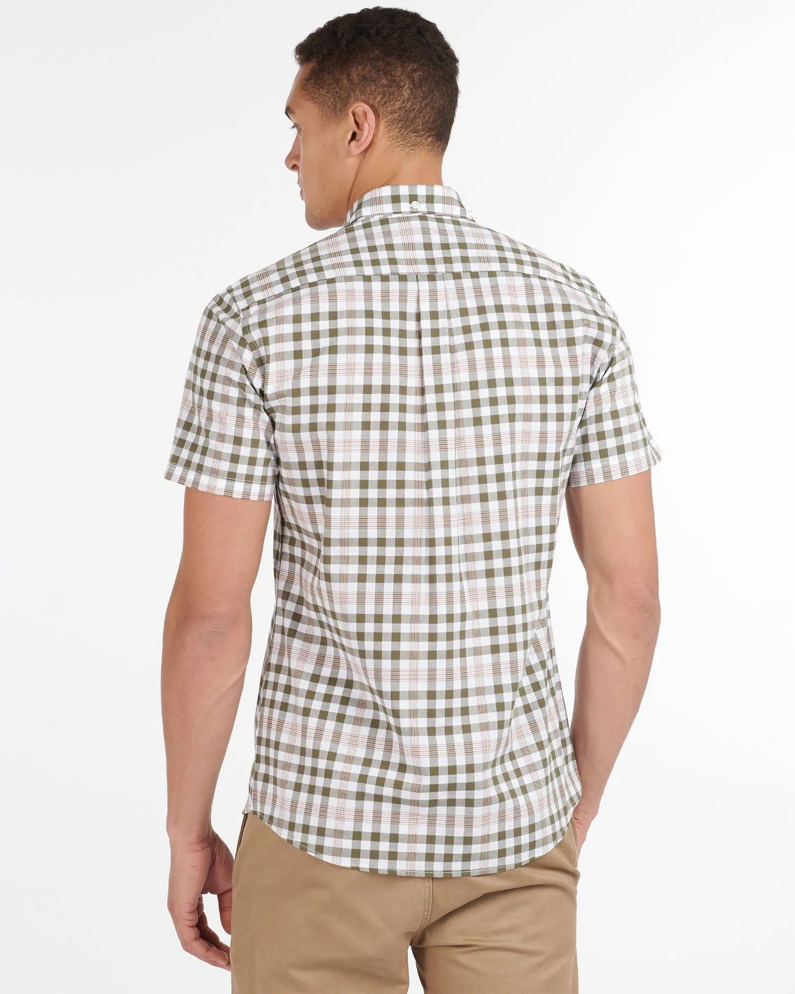 Barbour Gingham 26 Olive and White Short Sleeve Button Down Collar Tailored Fit Shirt