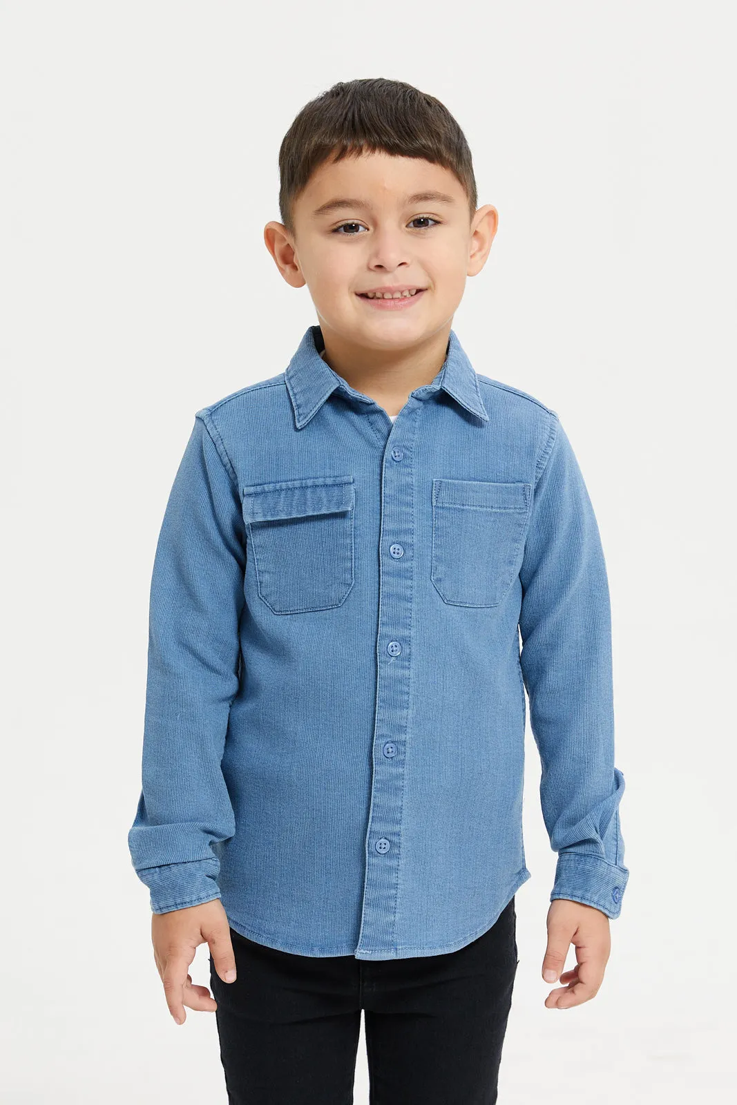 Boys Blue Knit Denim Shirt And T-Shirt Set (2 Piece)