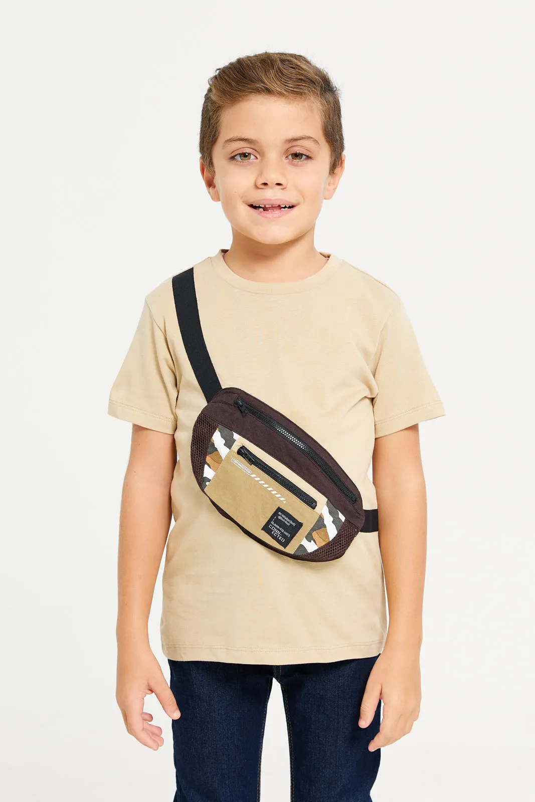 Boys Brown Plain T-Shirt With Bag