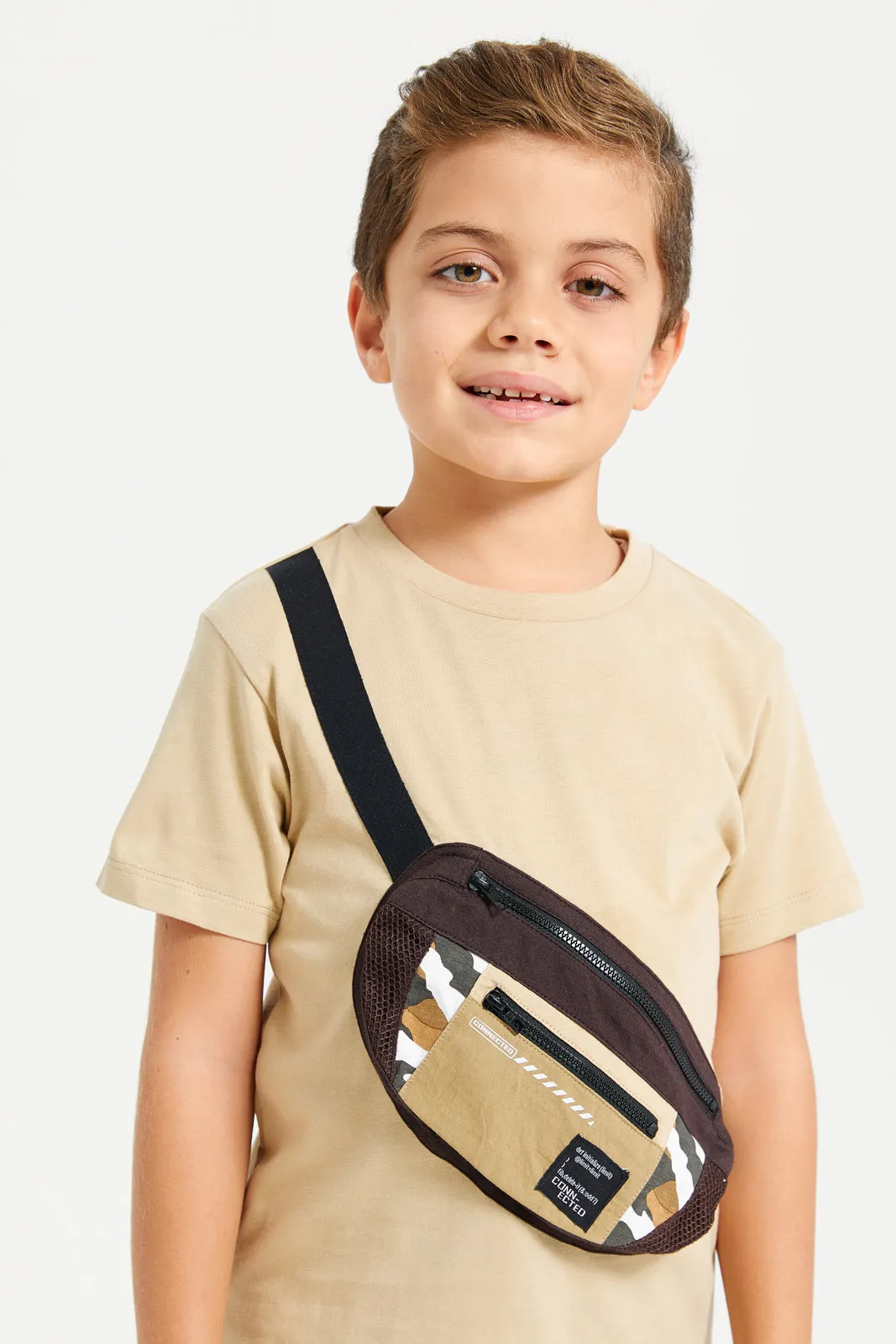 Boys Brown Plain T-Shirt With Bag