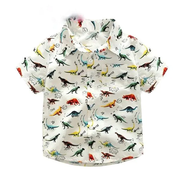 Boys Short Sleeve Button Down Rainbowsaur Collared Shirt