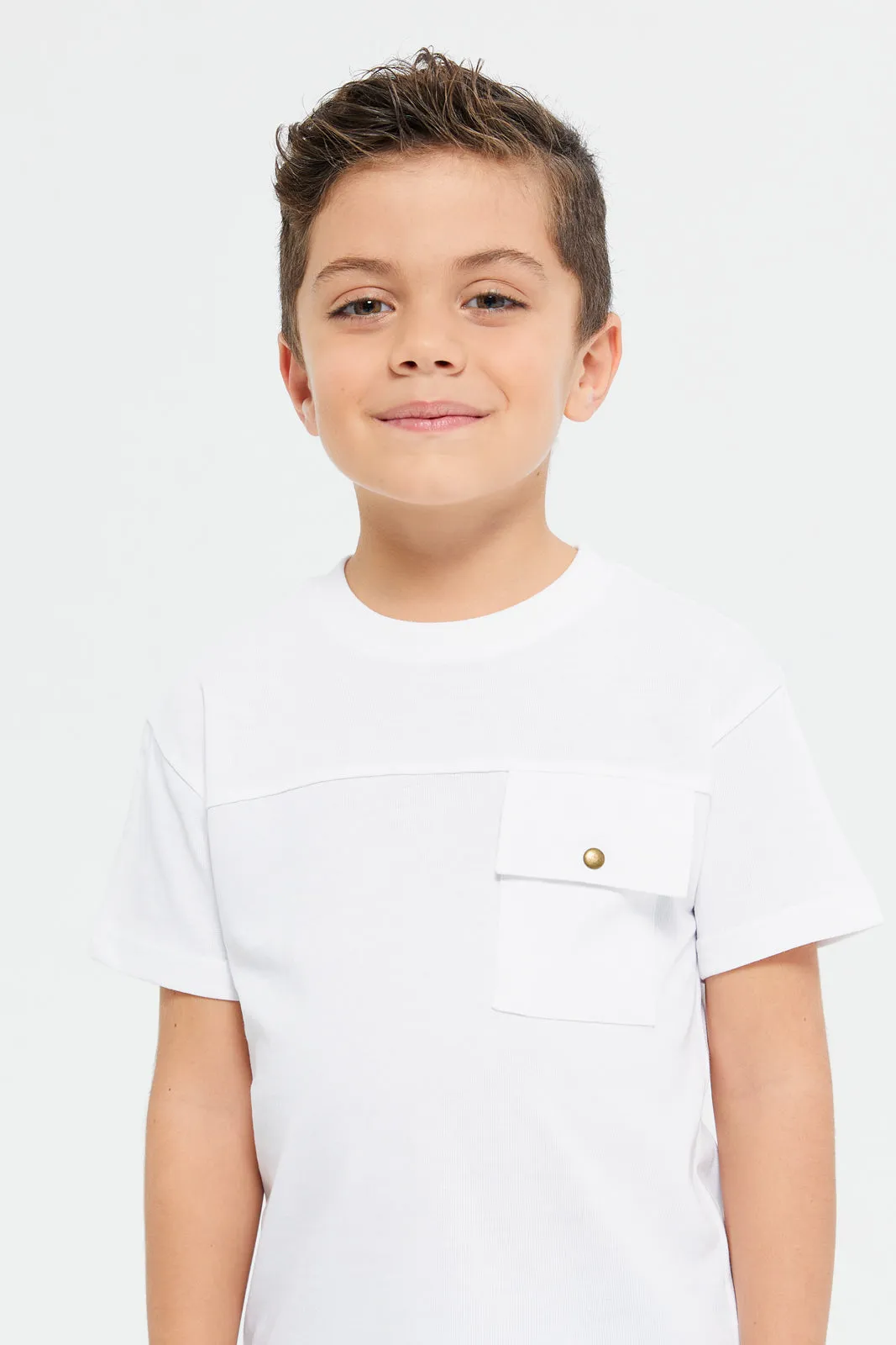 Boys White Oversized Flap Pocket T-Shirt