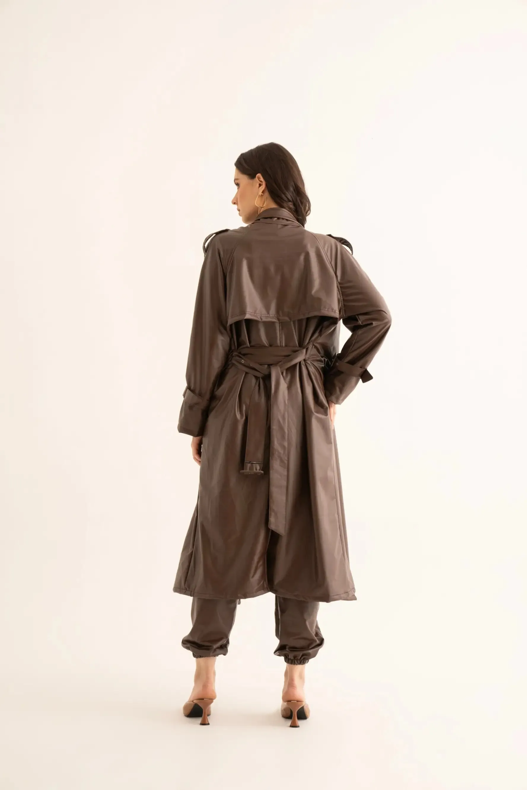 Brown Faux Leather Trench and Cargo Pants Co-ord Set