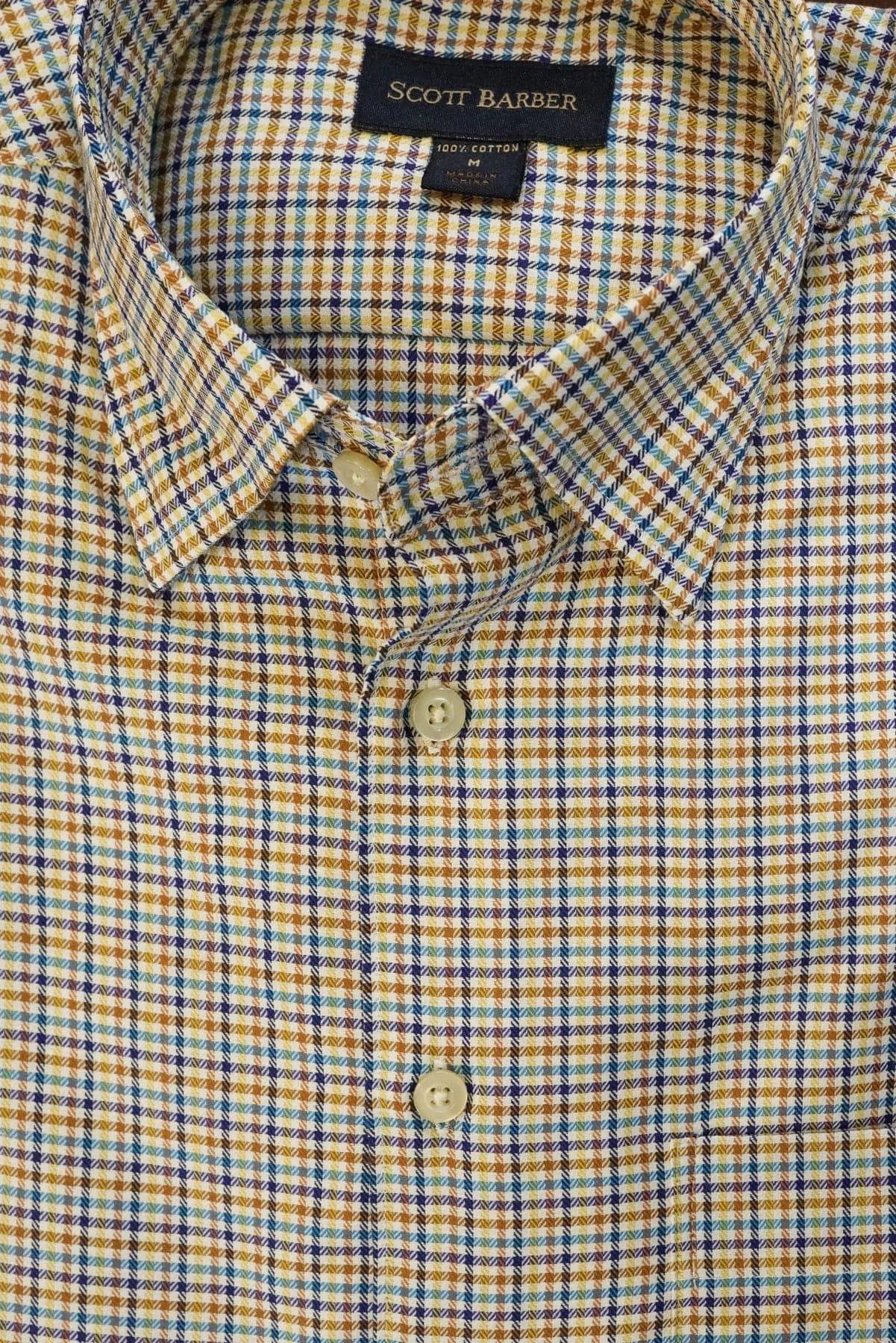 Camel and Blue Multi Check Hidden Button Down Sport Shirt by Scott Barber