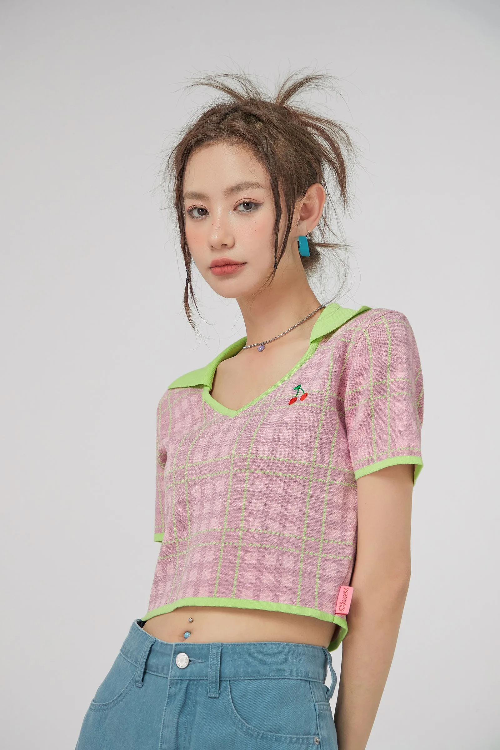 Cherry Color Cropped Knit T-Shirt