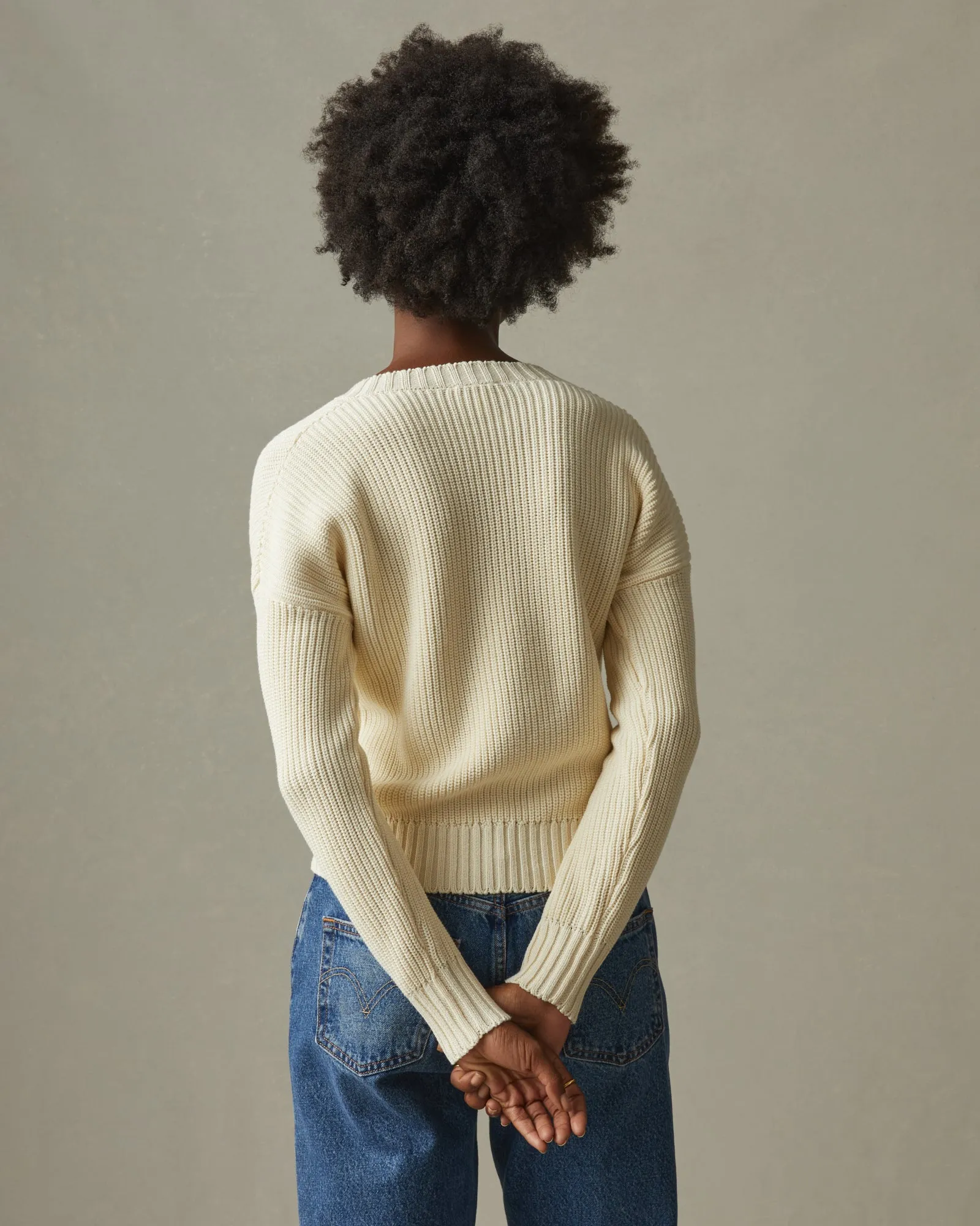 Chunky Cotton V-Neck Sweater - Creme