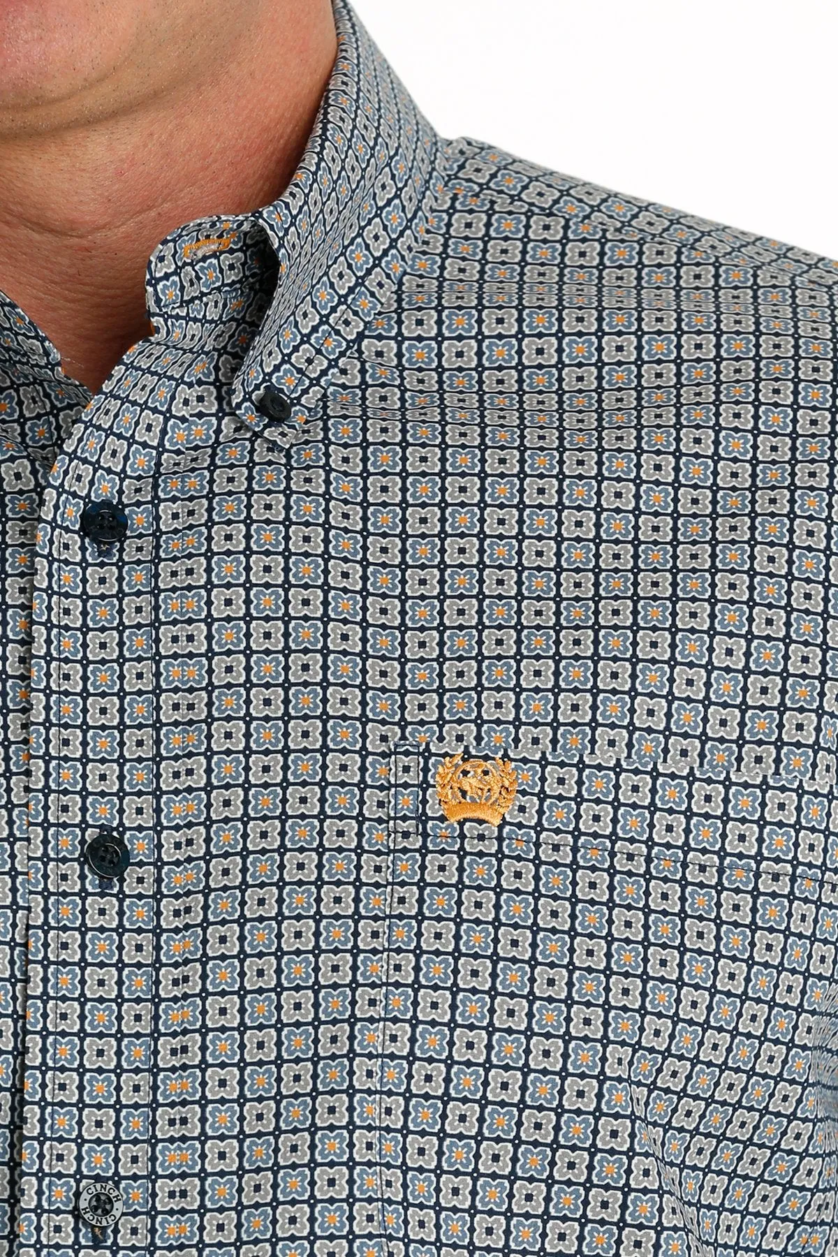 Cinch Men's Stretch Geometric Print Button Down Shirt Navy/ Orange MTW1105699