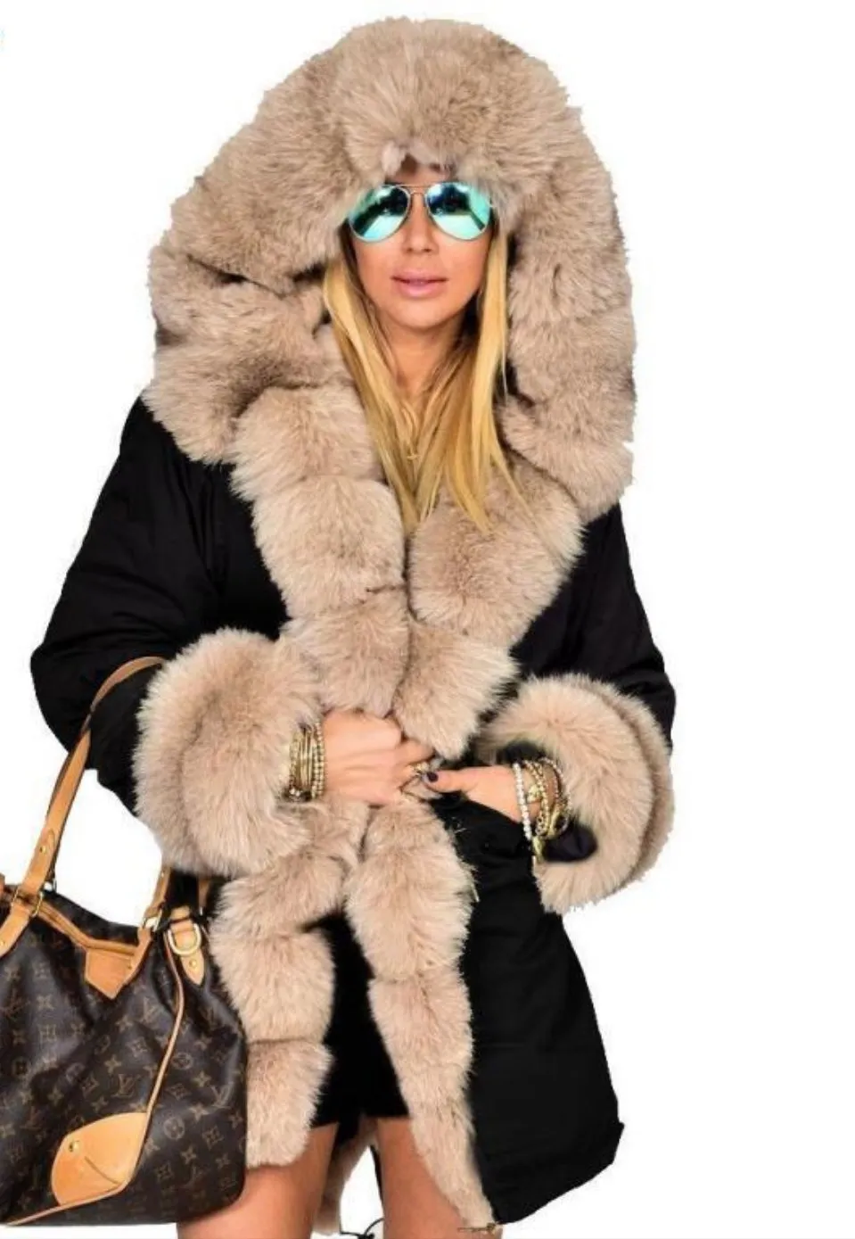 Colorblock/Camoflauge Faux Fur Women's Hooded Fishtail Trench Coat to 3X Plus Size