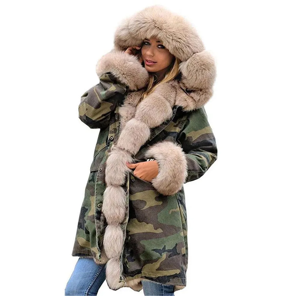 Colorblock/Camoflauge Faux Fur Women's Hooded Fishtail Trench Coat to 3X Plus Size