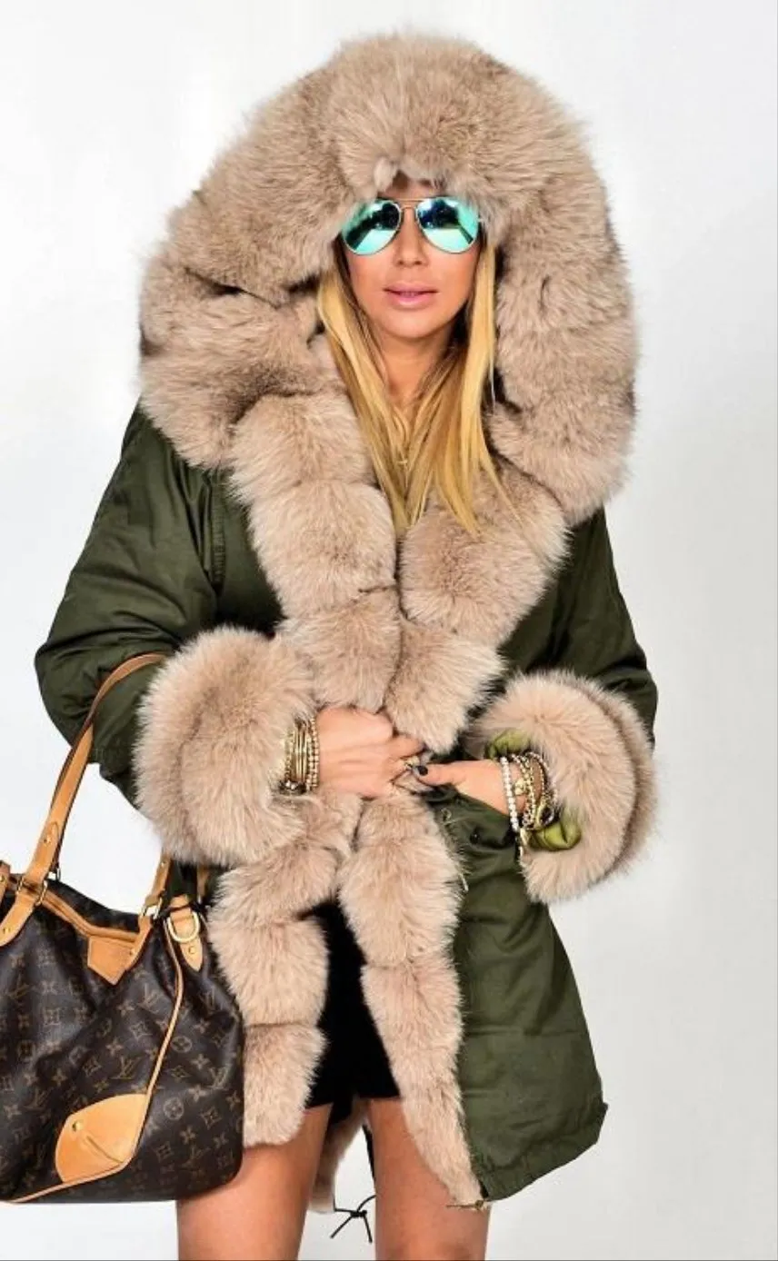 Colorblock/Camoflauge Faux Fur Women's Hooded Fishtail Trench Coat to 3X Plus Size