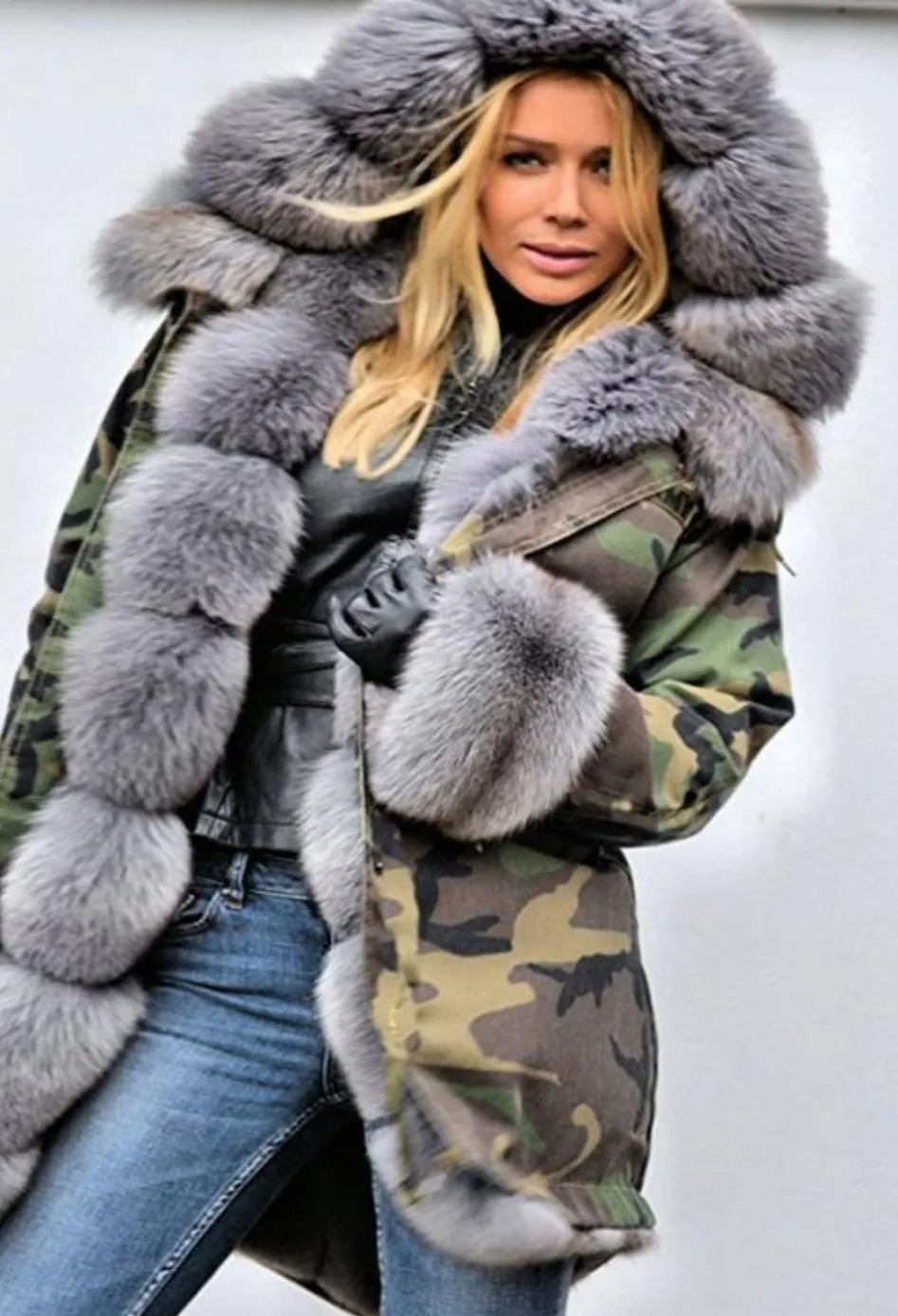 Colorblock/Camoflauge Faux Fur Women's Hooded Fishtail Trench Coat to 3X Plus Size