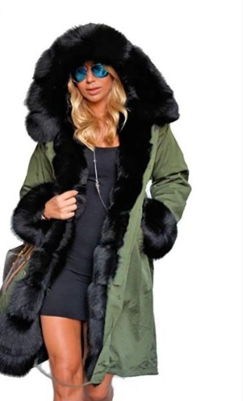 Colorblock/Camoflauge Faux Fur Women's Hooded Fishtail Trench Coat to 3X Plus Size