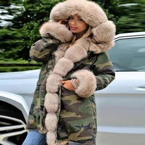 Colorblock/Camoflauge Faux Fur Women's Hooded Fishtail Trench Coat to 3X Plus Size