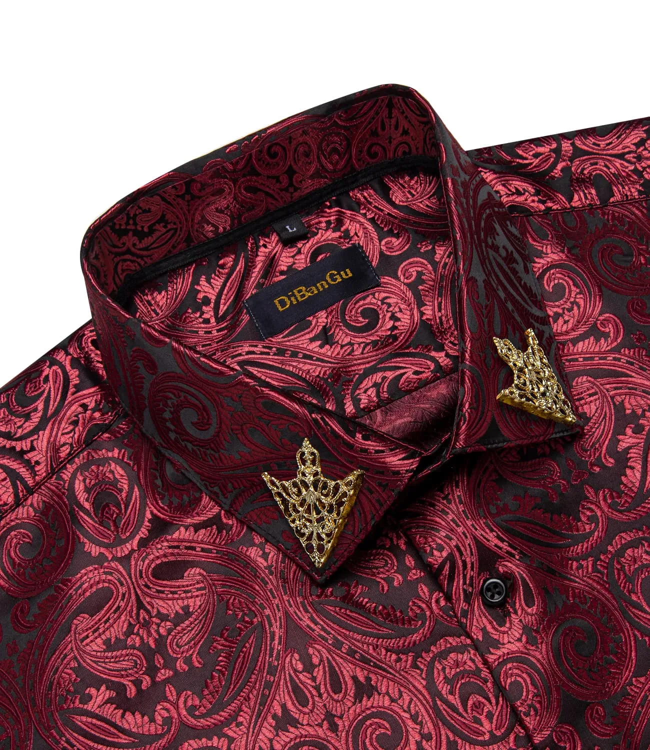 DiBanGu Collared Shirt Burgundy Paisley Silk Button Down Long Sleeve Mens Shirt Dress