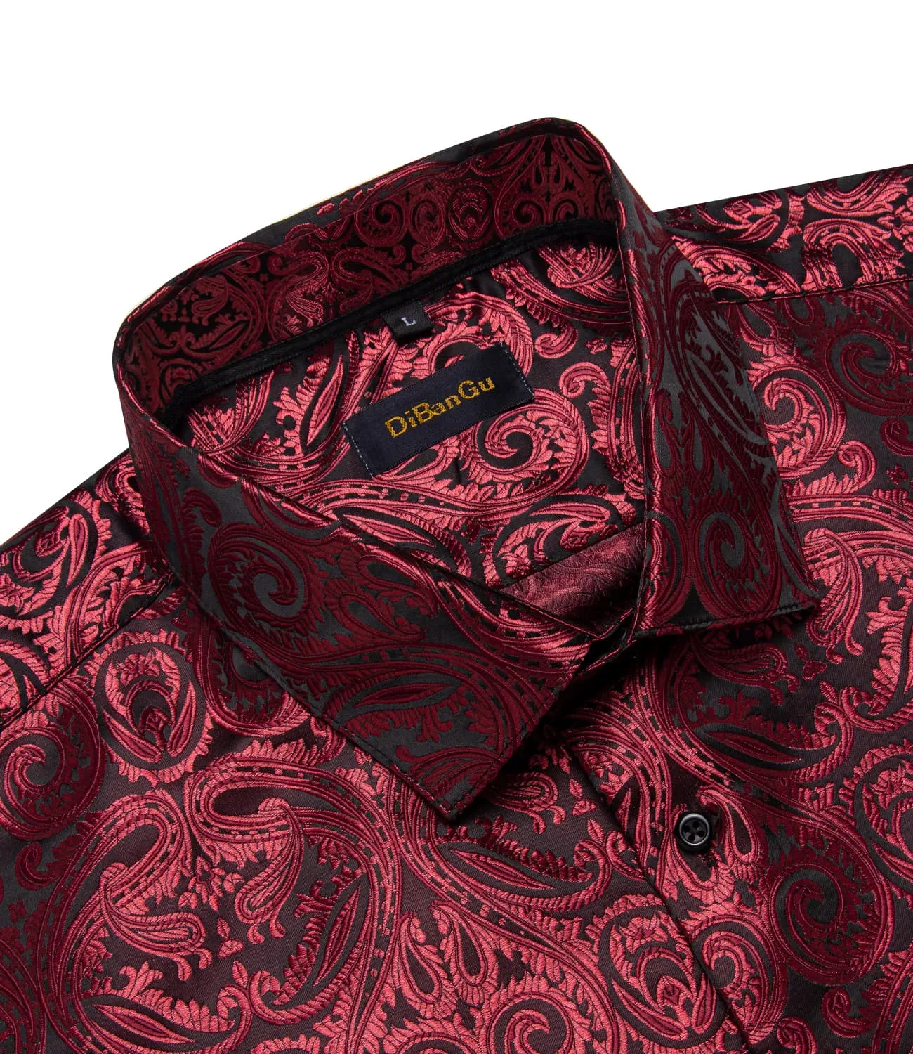 DiBanGu Collared Shirt Burgundy Paisley Silk Button Down Long Sleeve Mens Shirt Dress