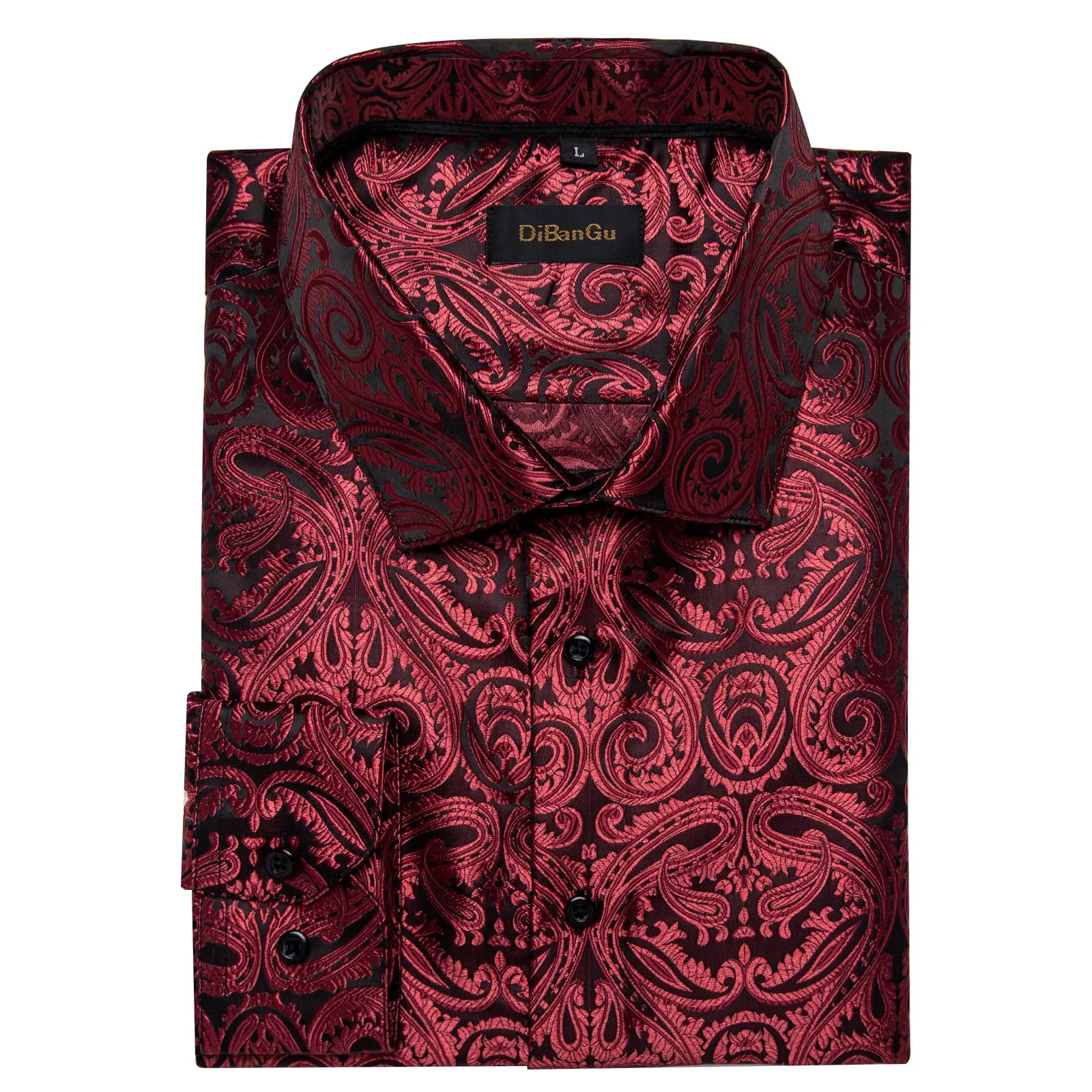 DiBanGu Collared Shirt Burgundy Paisley Silk Button Down Long Sleeve Mens Shirt Dress