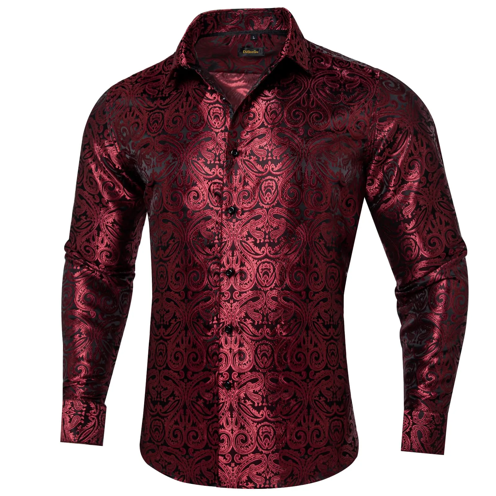 DiBanGu Collared Shirt Burgundy Paisley Silk Button Down Long Sleeve Mens Shirt Dress