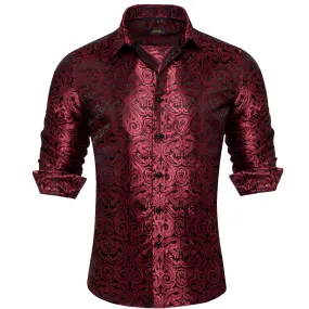 DiBanGu Collared Shirt Burgundy Paisley Silk Button Down Long Sleeve Mens Shirt Dress