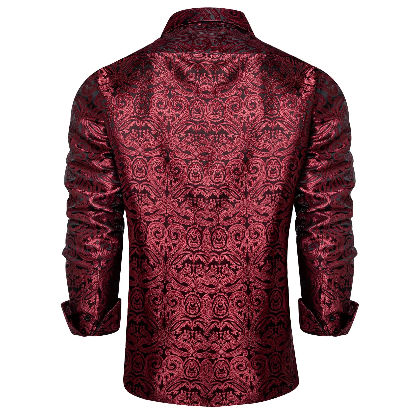 DiBanGu Collared Shirt Burgundy Paisley Silk Button Down Long Sleeve Mens Shirt Dress