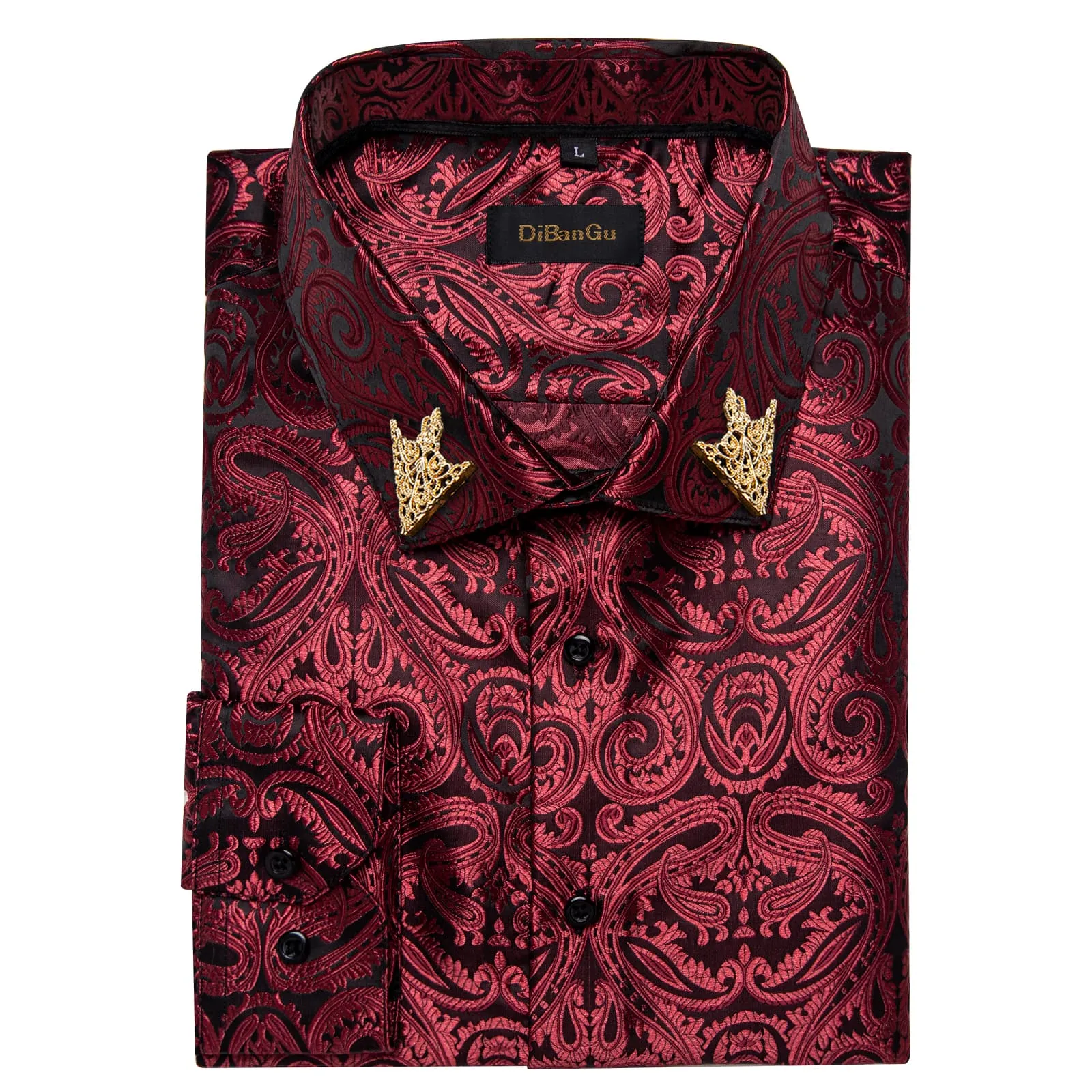 DiBanGu Collared Shirt Burgundy Paisley Silk Button Down Long Sleeve Mens Shirt Dress