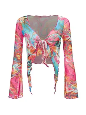 GORGLITTER Women's Allover Print Tie Front V Neck Blouse Flounce Long Sleeve Asymmetrical Shirt Crop Top Multicolor Allover X-Small