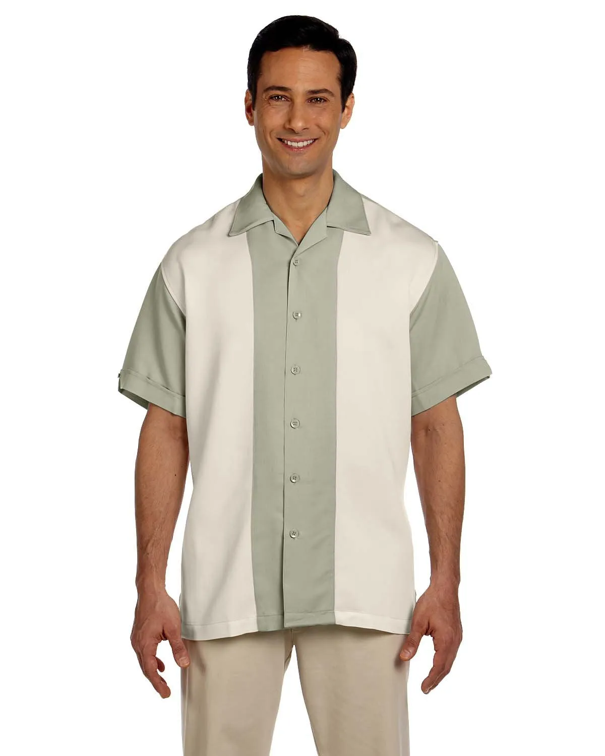 Harriton Men's Two Tone Bahama Cord Camp Shirt 2XLarge Green Mist Crem