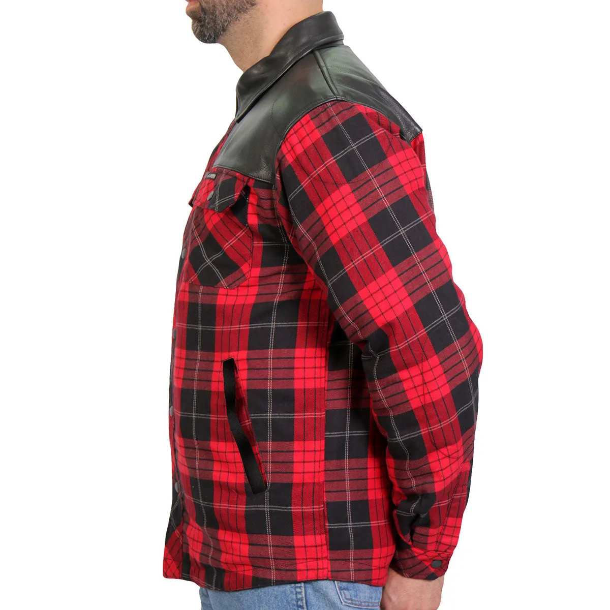 Hot Leathers JKM3201 Men's Red and Black Kevlar Reinforced Leather and Plaid Flannel Shirt