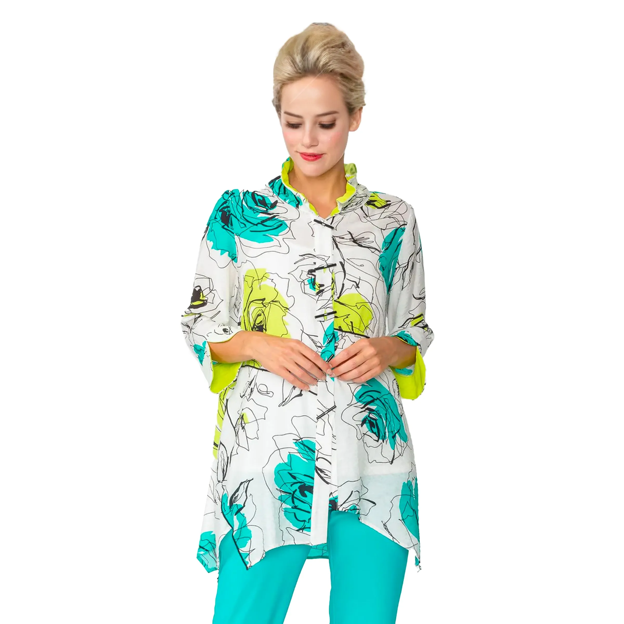 IC Collection Floral Sketch-Print Asymmetric Shirt - 6126T - Limited Sizes!