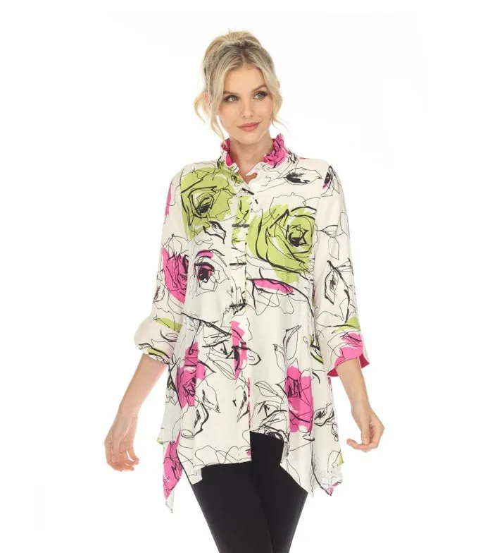 IC Collection Floral Sketch-Print Asymmetric Shirt - 6126T - Limited Sizes!