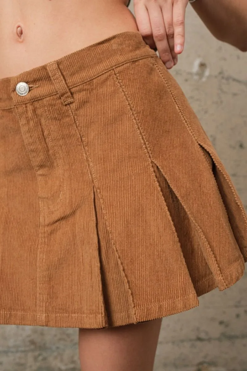 Jessie Low Rise Corduroy Pleated Mini Skirt - Camel