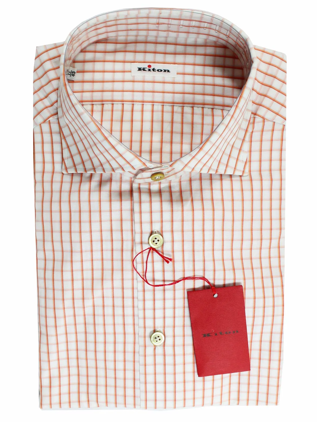 Kiton Dress Shirt White Orange Graph Check Spread Collar 43 - 17  REDUCED - SALE