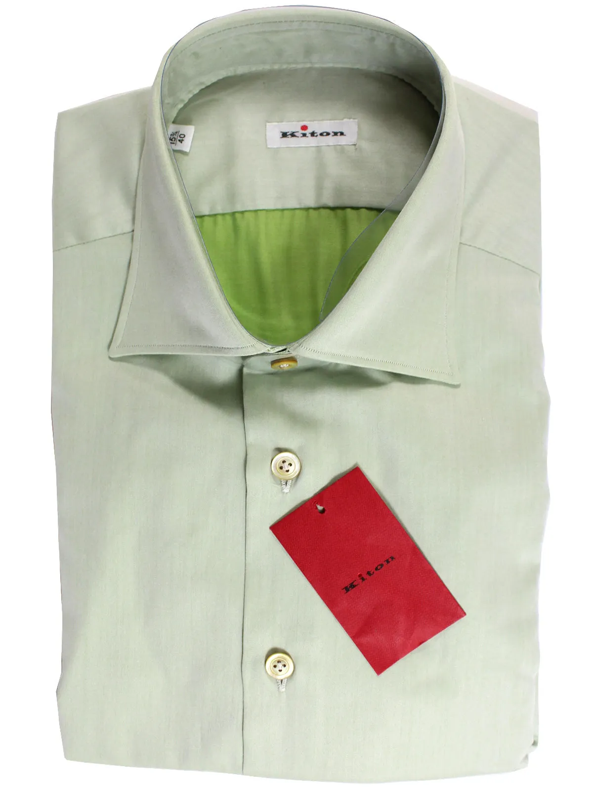 Kiton Shirt Light Green Spread Collar 43 - 17 REDUCED - SALE