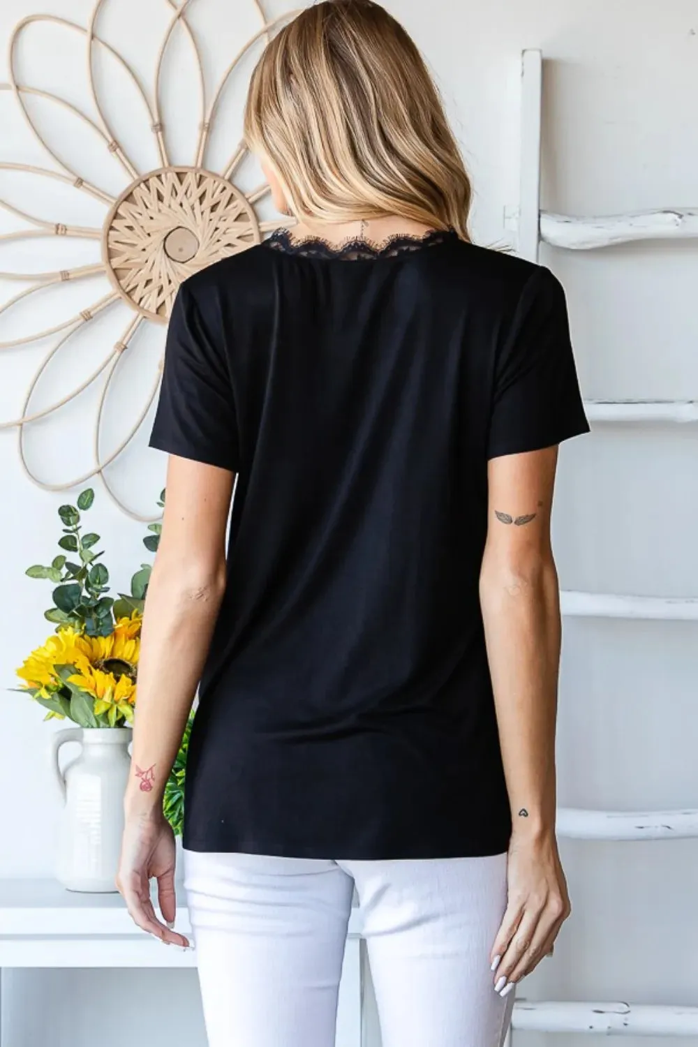 Lace Detail V-Neck Short Sleeve T-Shirt