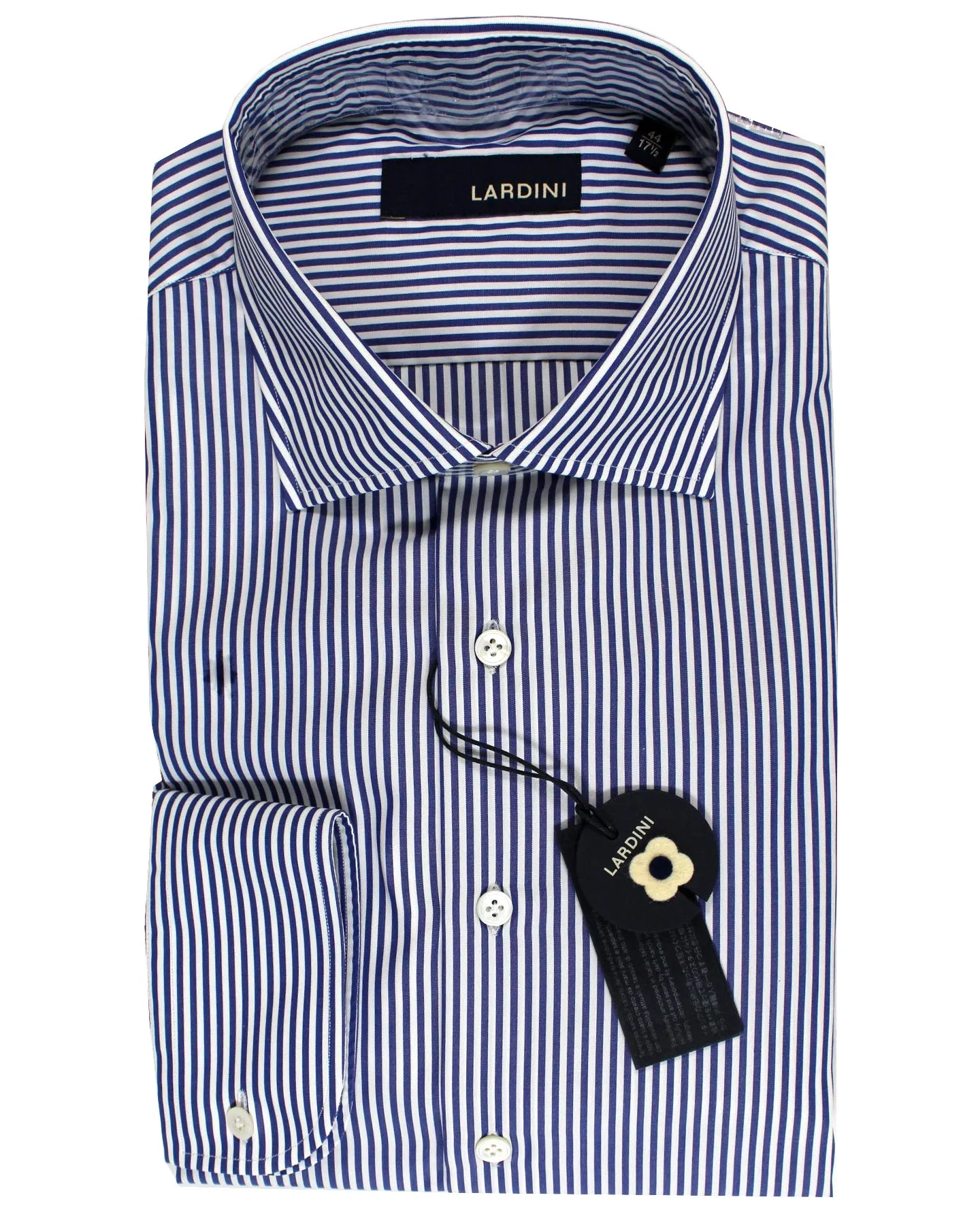 Lardini Dress Shirt White Navy Stripes French Cuffs 44 - 17 1/2