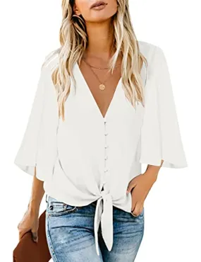 LookbookStore Women Summer Tops Beige V Neck Button Down Shirts Casual Tie Knot 3/4 Bell Sleeve Loose Blouse Tops Size XL