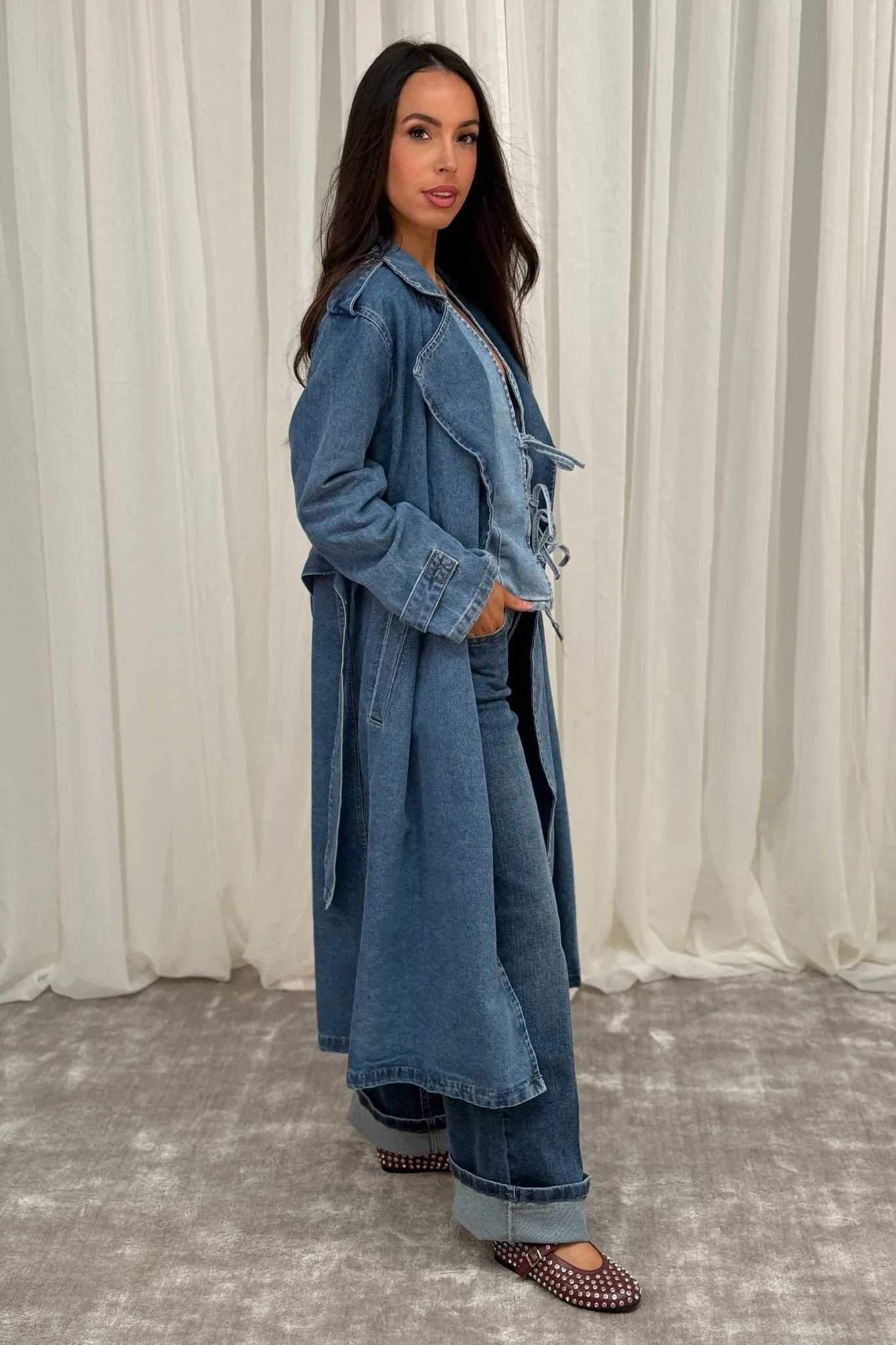 Lynne Denim Trench Coat In Mid Wash