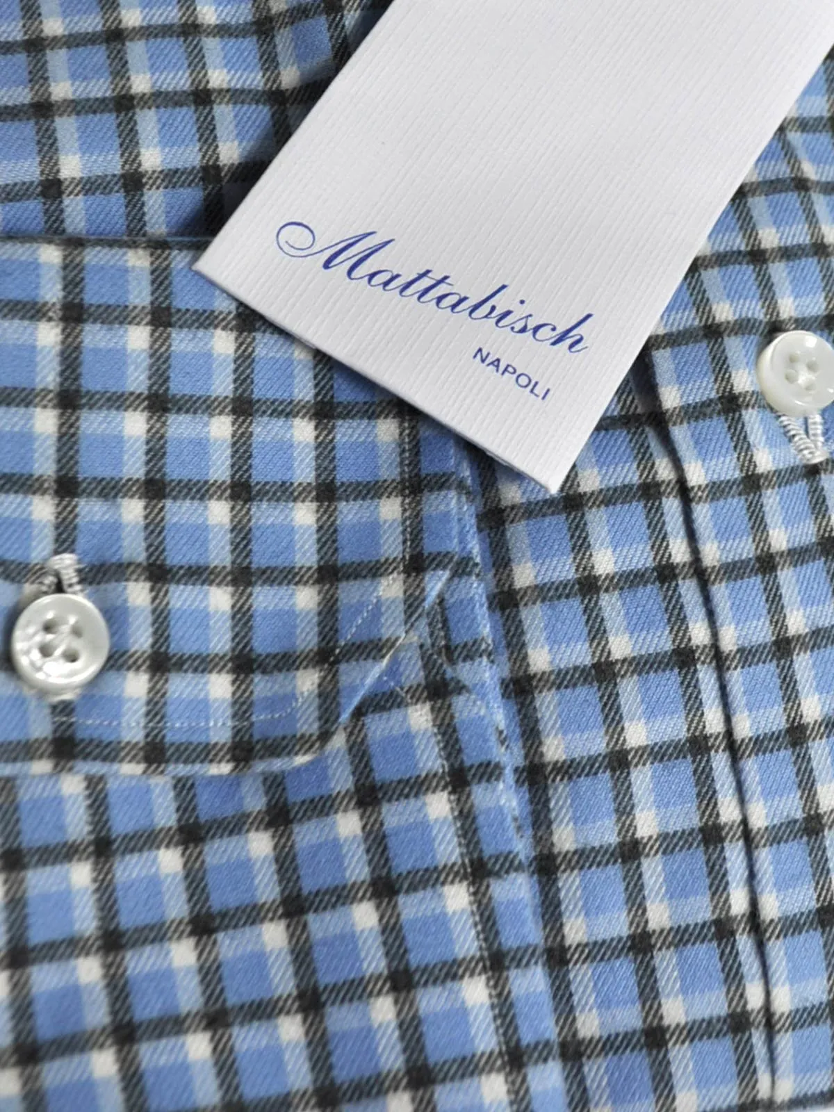 Mattabisch Shirt Blue Black White Check Design - Flannel Cotton 40 - 15 3/4 REDUCED - SALE