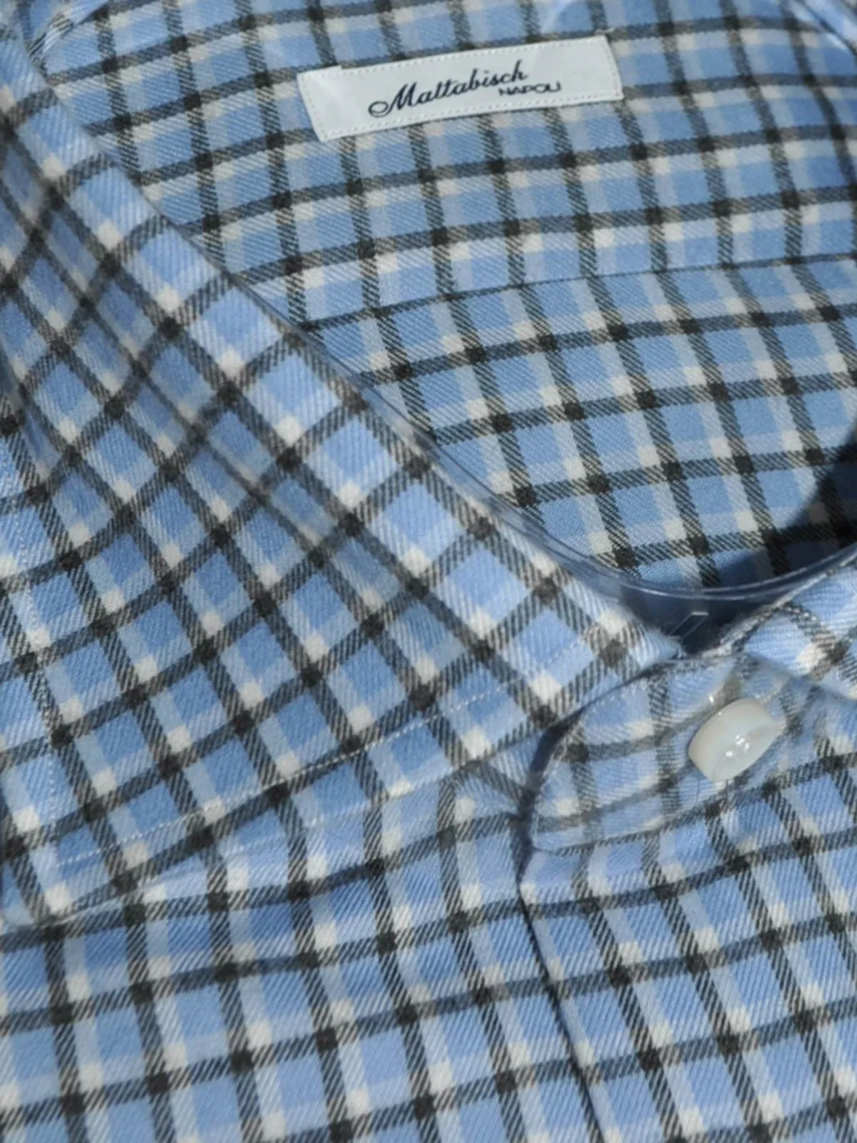 Mattabisch Shirt Blue Black White Check Design - Flannel Cotton 40 - 15 3/4 REDUCED - SALE