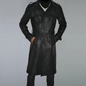 Mens Belted Black Trench Genuine Leather Coat With Lapel Collar